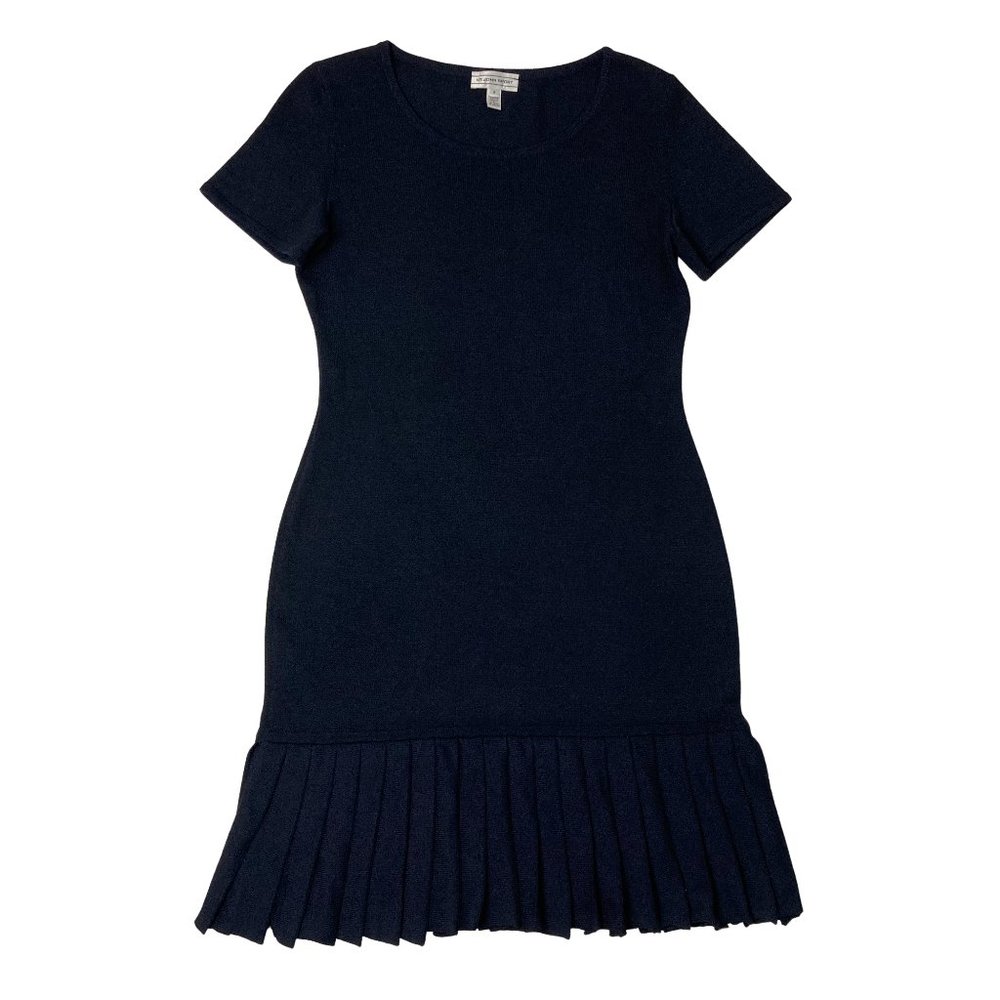 St. John Pleated Dress Wool Dark Blue Scoop Neck Short Sleeve